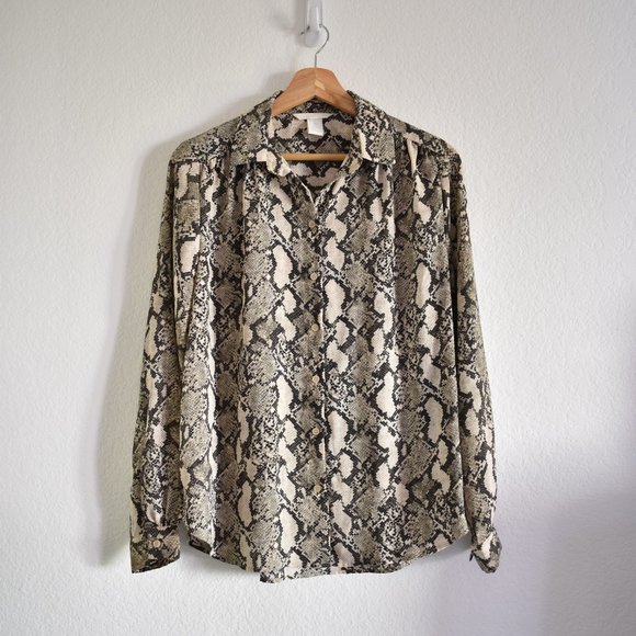 H&M Beige Snakeskin Pattern Chiffon Long Sleeve Blouse - Picture 2 of 14